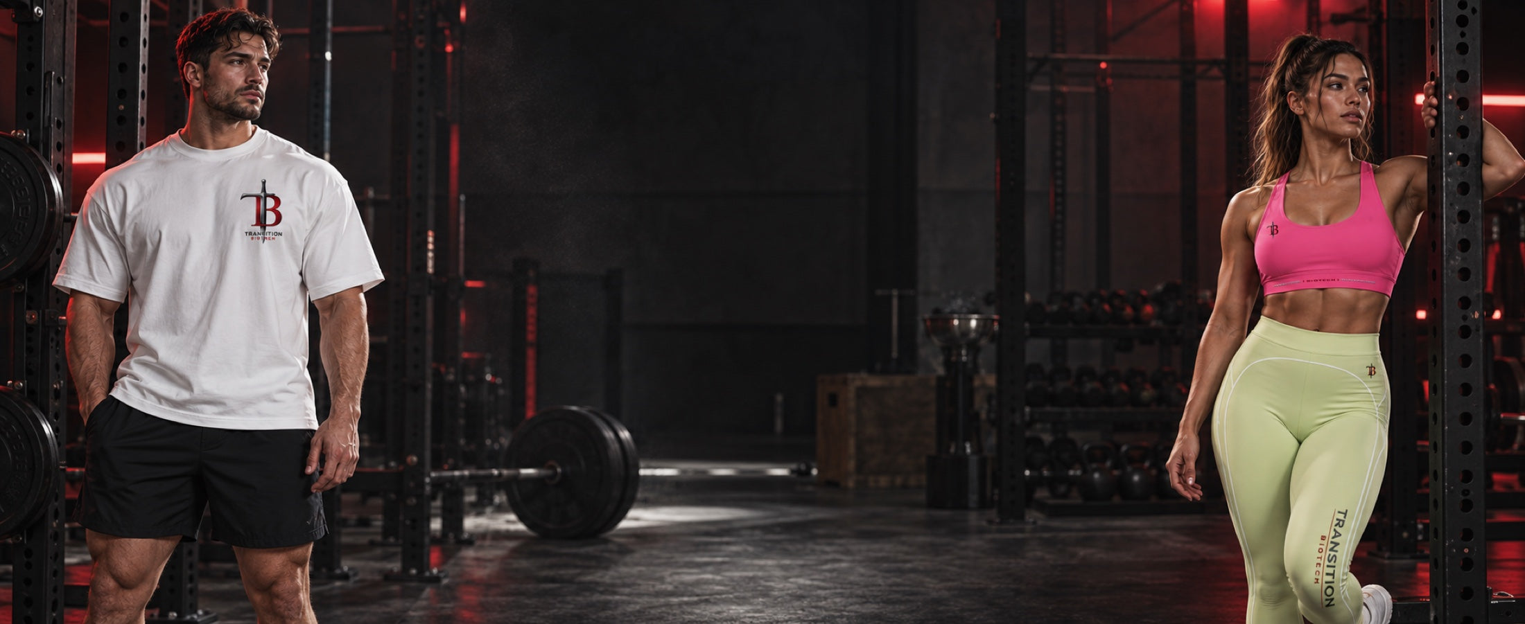 A man and woman wearing TB Performance training apparel in a strength gym
