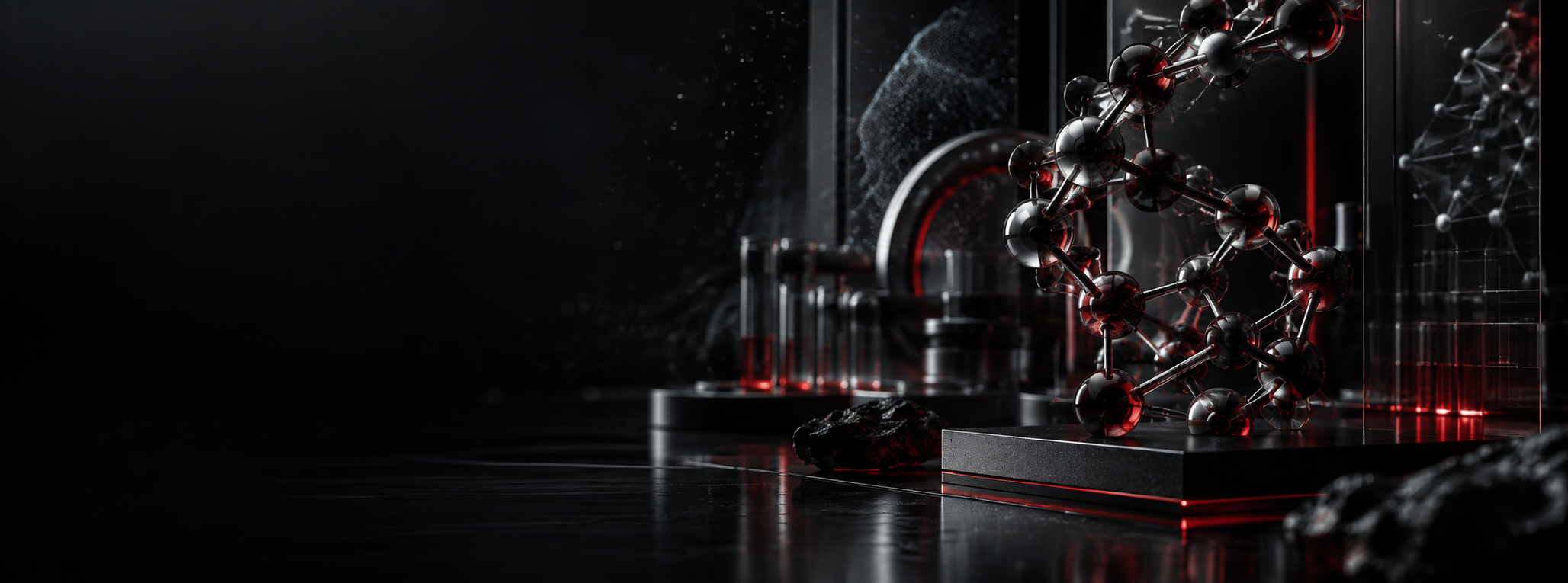 Abstract TB research artwork with a precision molecular structure in black, steel, and red